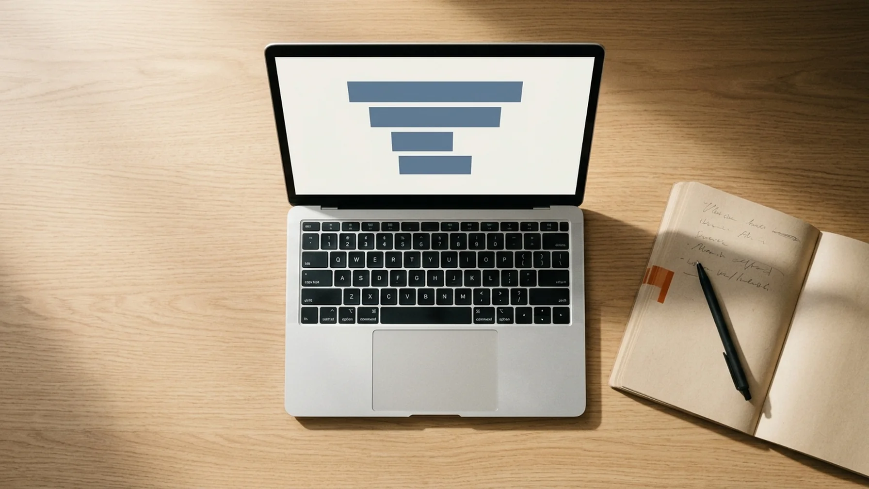 Laptop on a wooden desk showing a multi-step checkout funnel chart with a visible drop between the shipping and payment steps, notebook and pen beside it