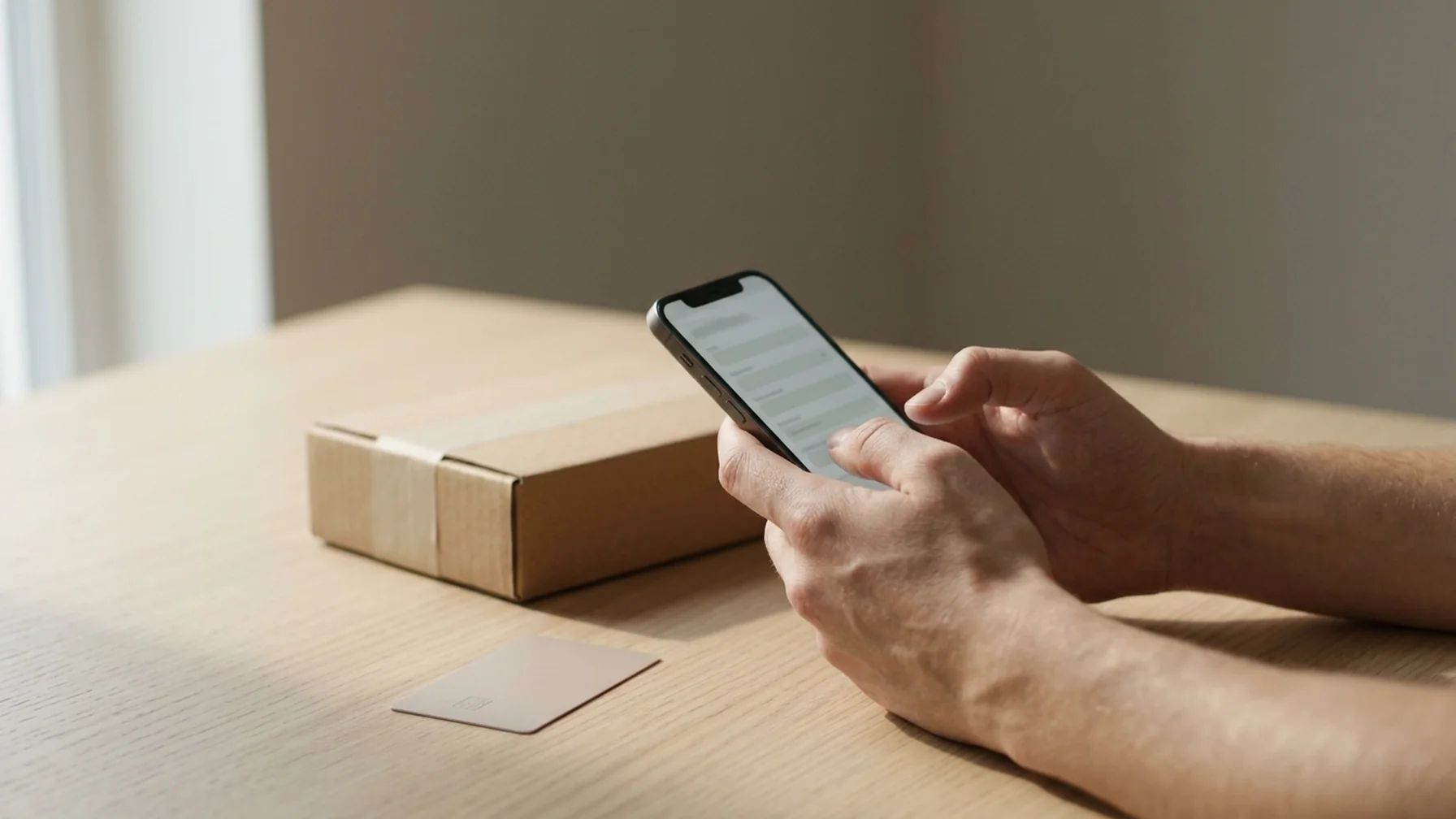 Close-up of hands typing a shipping address into a phone checkout form, with a credit card and a small parcel on the table