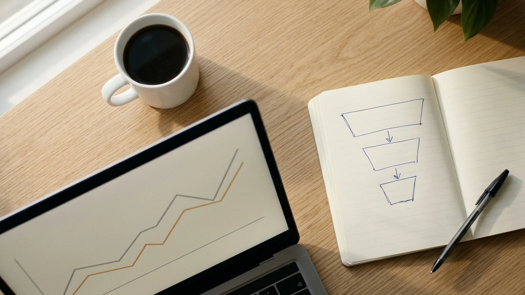 Overhead view of a desk with a laptop showing a plain analytics line chart, a paper notebook with hand-drawn funnel stages, a pen, and a coffee mug in soft window light.