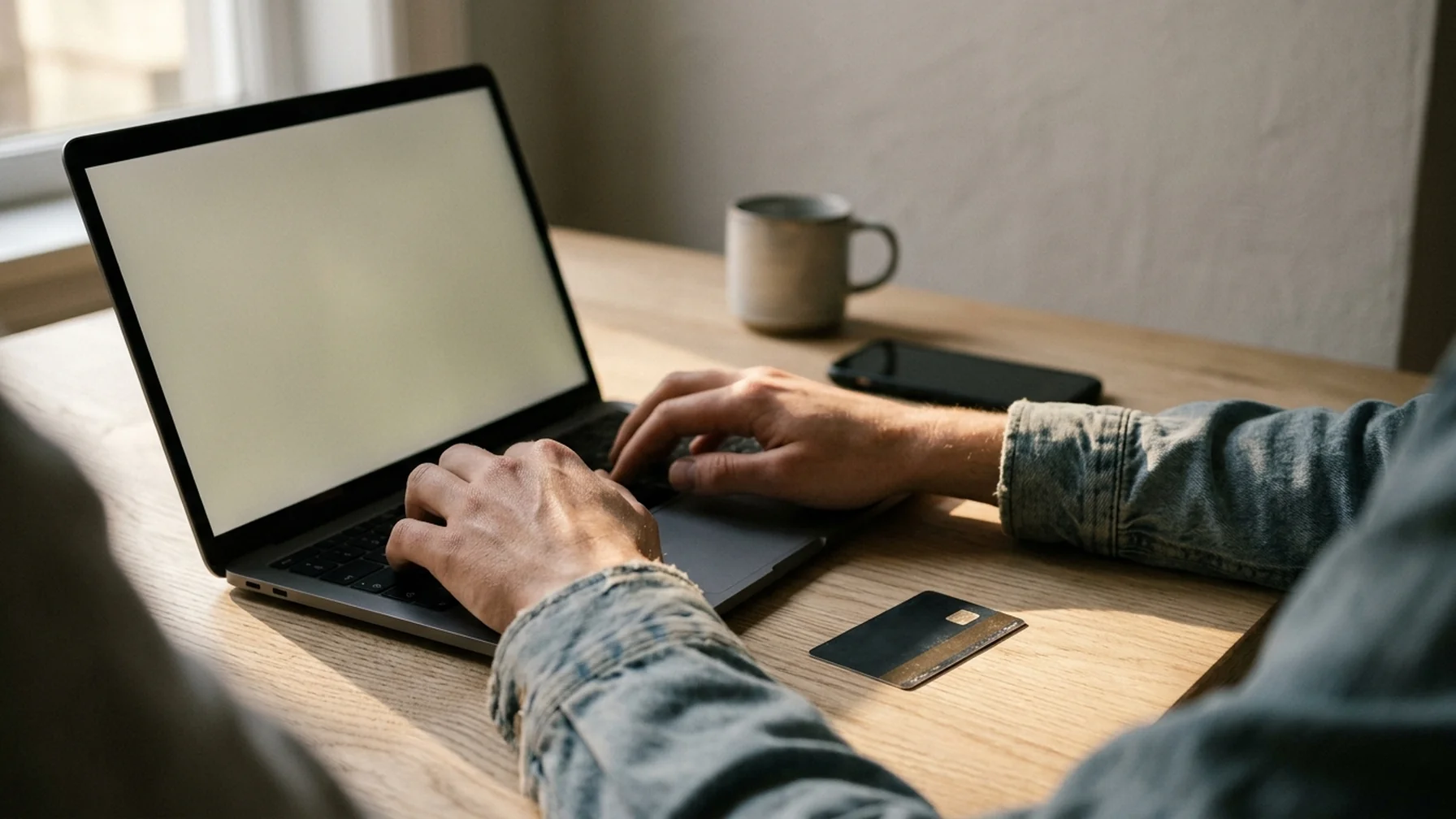 A person at a kitchen table typing a card number into a checkout form on a laptop, a bank card and phone beside the keyboard, soft afternoon window light.