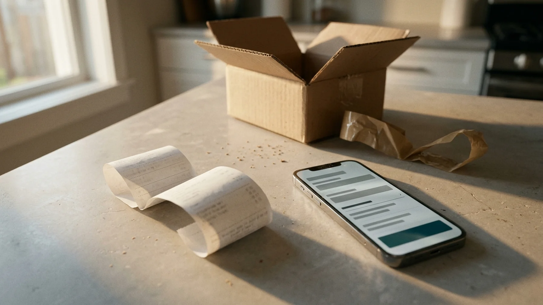 Paper receipt and a phone showing an order summary with shipping and tax lines on a kitchen counter next to a shipping box